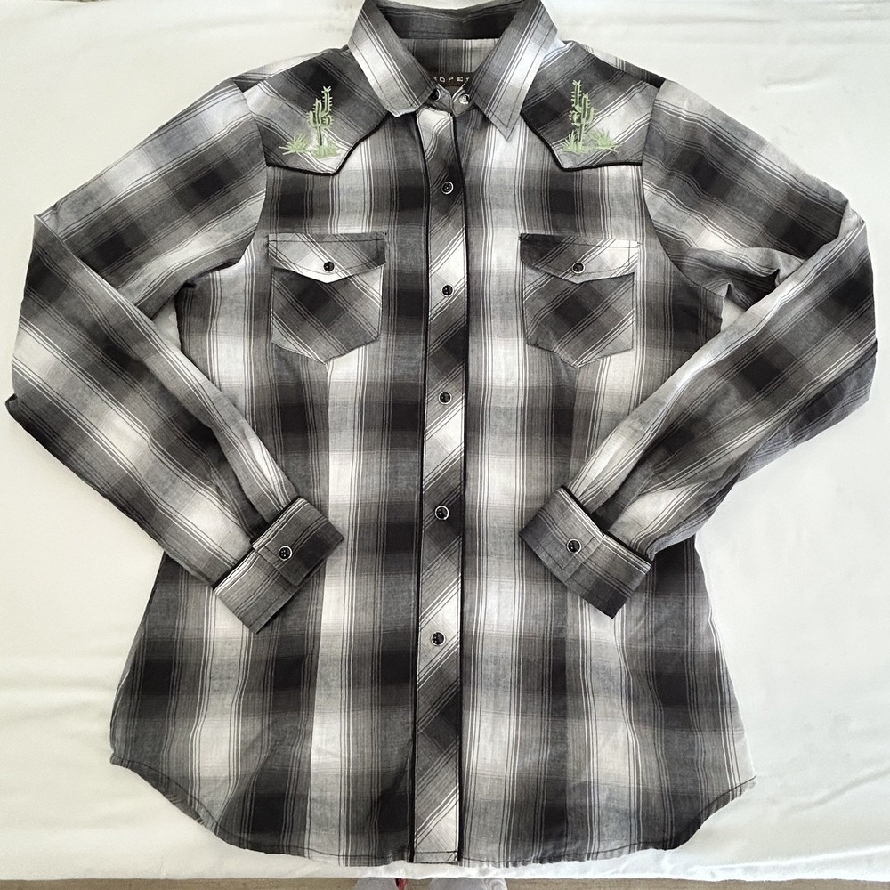 Roper Shirt Women Small Black White Western Pearl Snap Cotton Long Sleeve Cactus